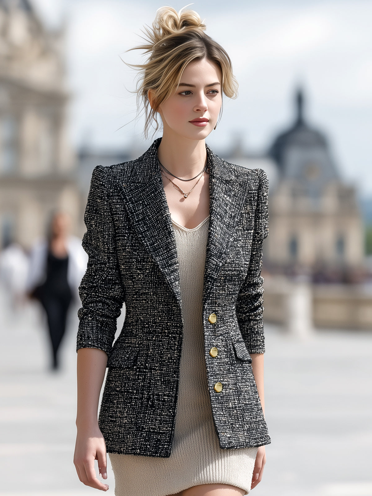 ElevenOra Chic Vintage Tweed Peak-lapel Single-breasted Slim-fit Blazer