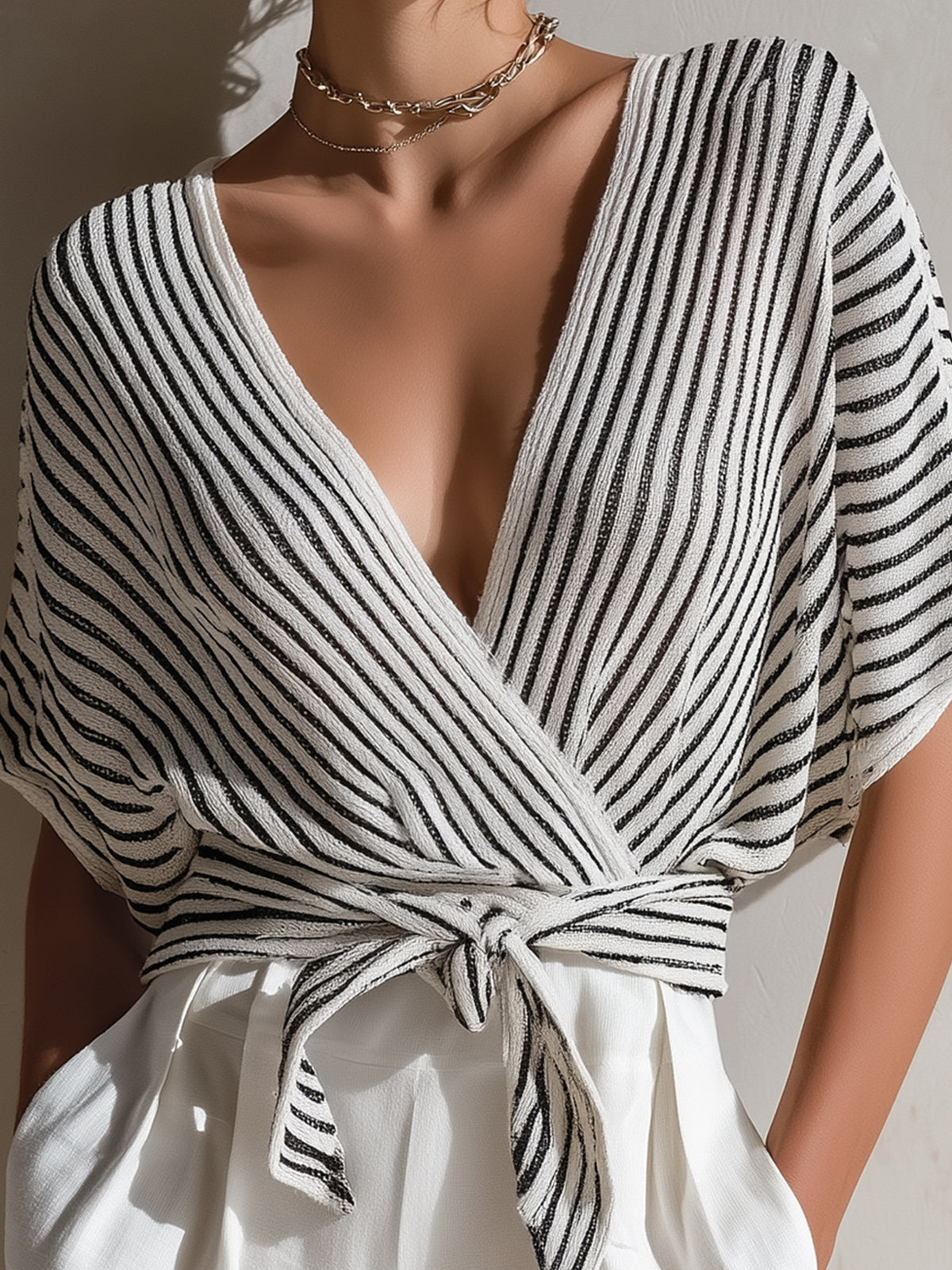 ElevenOra Chic Elegant Black-White Pinstripe Cross V-Neck Short-Sleeve Tie Waist Loose Fit Knit Sweater Top