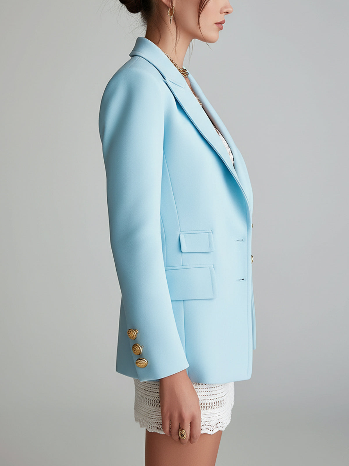 ElevenOra Chic Vintage Baby Blue Peaked Lapel Metal Button Single-Breasted Tailored Blazer