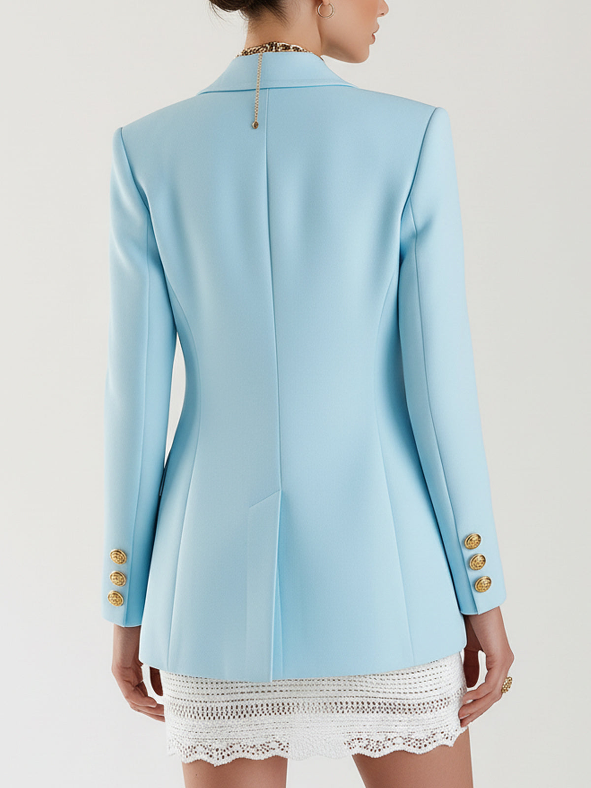 ElevenOra Chic Vintage Baby Blue Peaked Lapel Metal Button Single-Breasted Tailored Blazer