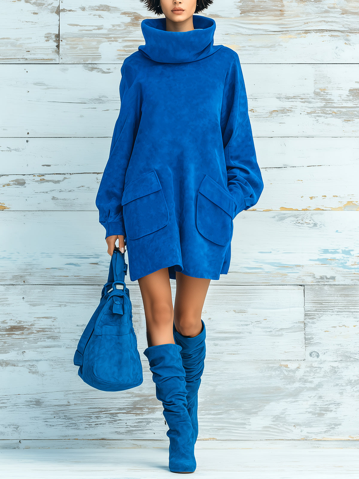 ElevenOra Chic Elegant Royal Blue Faux Suede Oversized Turtleneck Long Lantern Sleeve Patch Pocket Mini Dress
