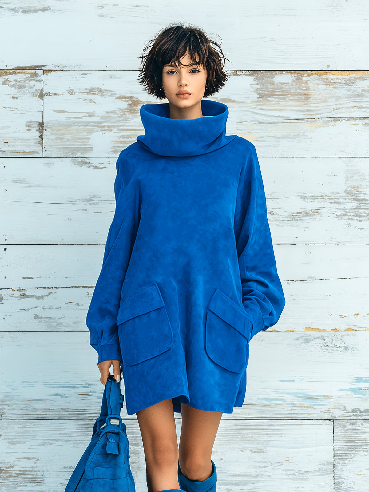 ElevenOra Chic Elegant Royal Blue Faux Suede Oversized Turtleneck Long Lantern Sleeve Patch Pocket Mini Dress