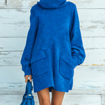 ElevenOra Chic Elegant Royal Blue Faux Suede Oversized Turtleneck Long Lantern Sleeve Patch Pocket Mini Dress