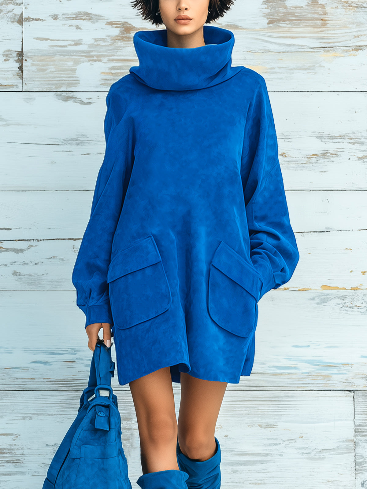 ElevenOra Chic Elegant Royal Blue Faux Suede Oversized Turtleneck Long Lantern Sleeve Patch Pocket Mini Dress