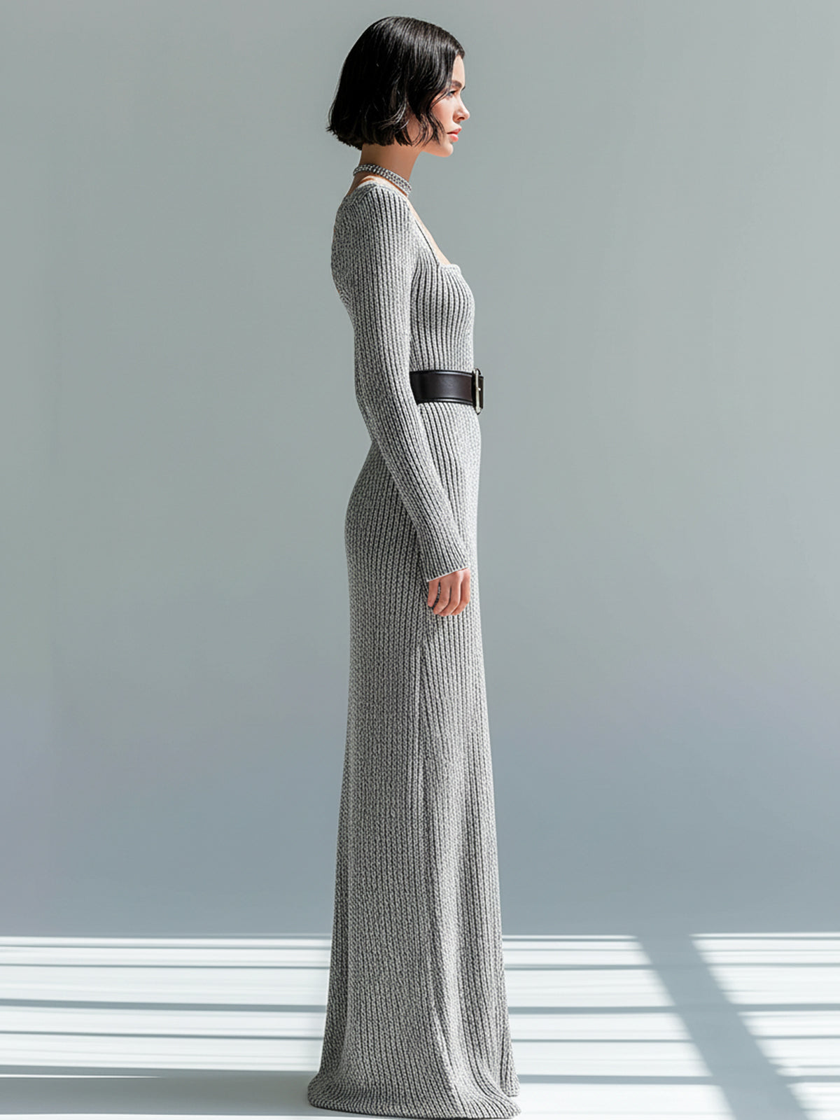 ElevenOra Retro Elegant Heathered Gray Square Neck Belted Long-Sleeve Ribbed Knit Bodycon Maxi Dress