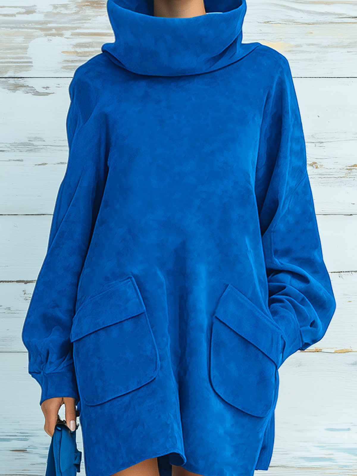 ElevenOra Chic Elegant Royal Blue Faux Suede Oversized Turtleneck Long Lantern Sleeve Patch Pocket Mini Dress
