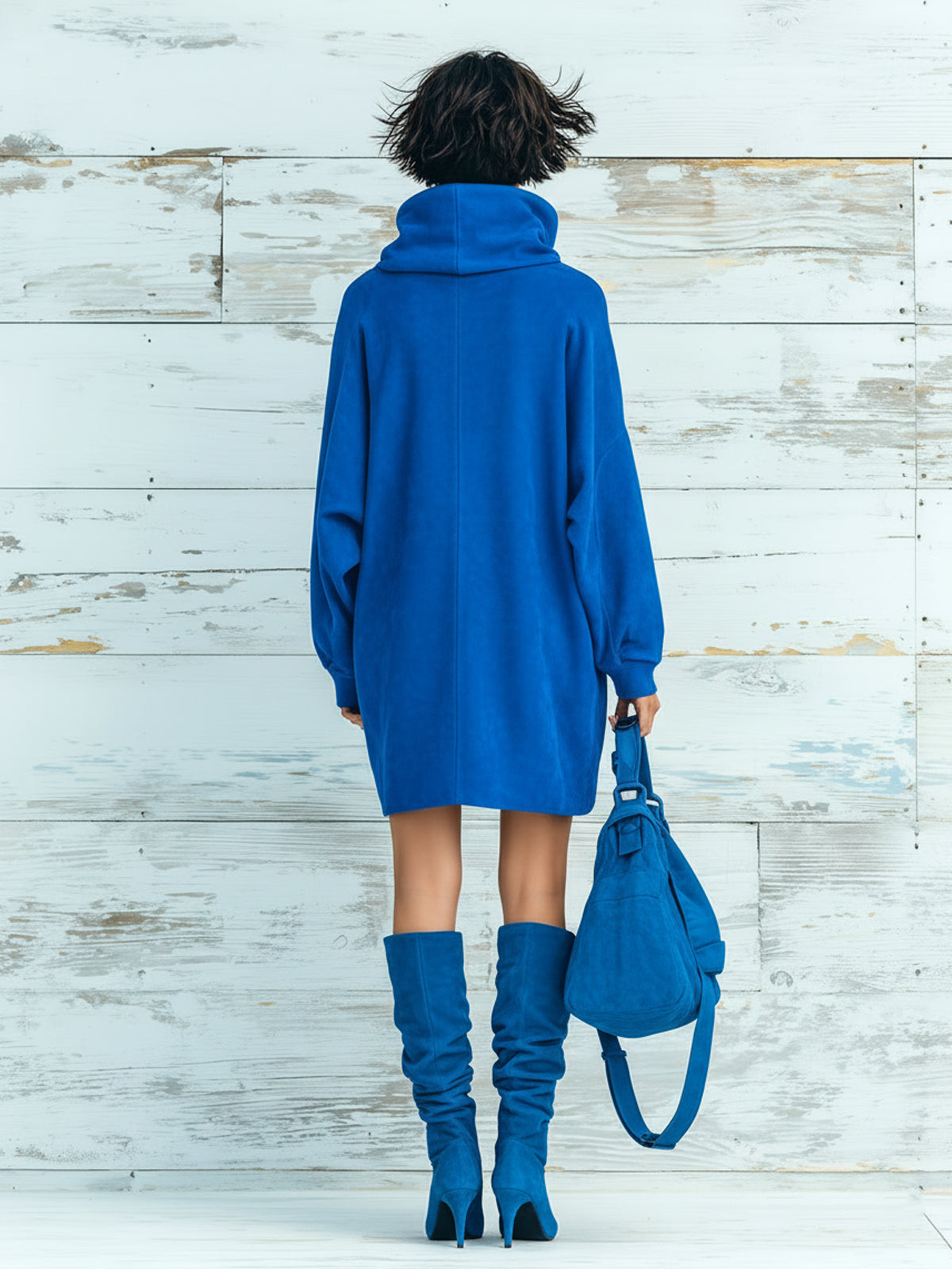 ElevenOra Chic Elegant Royal Blue Faux Suede Oversized Turtleneck Long Lantern Sleeve Patch Pocket Mini Dress