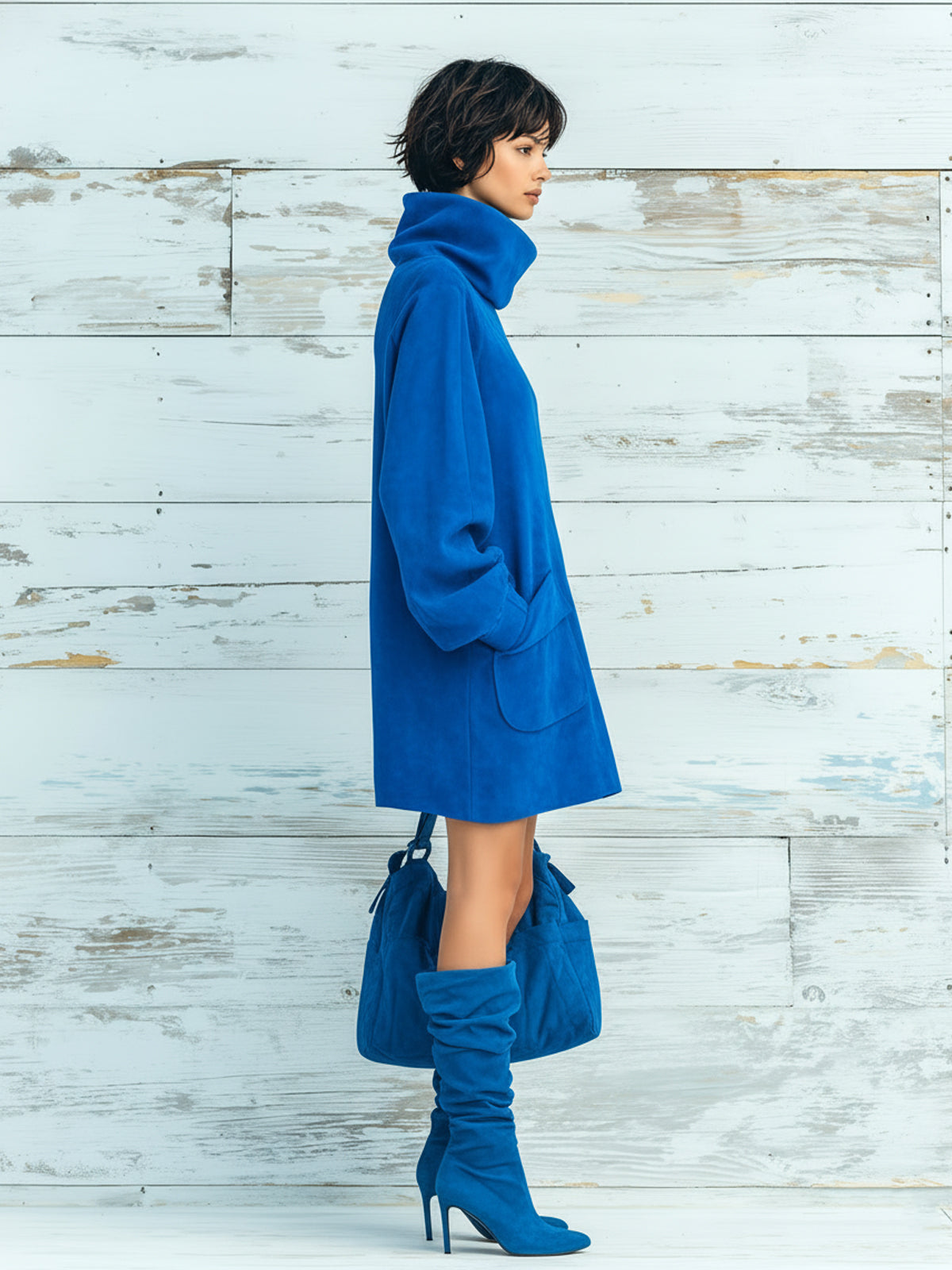 ElevenOra Chic Elegant Royal Blue Faux Suede Oversized Turtleneck Long Lantern Sleeve Patch Pocket Mini Dress