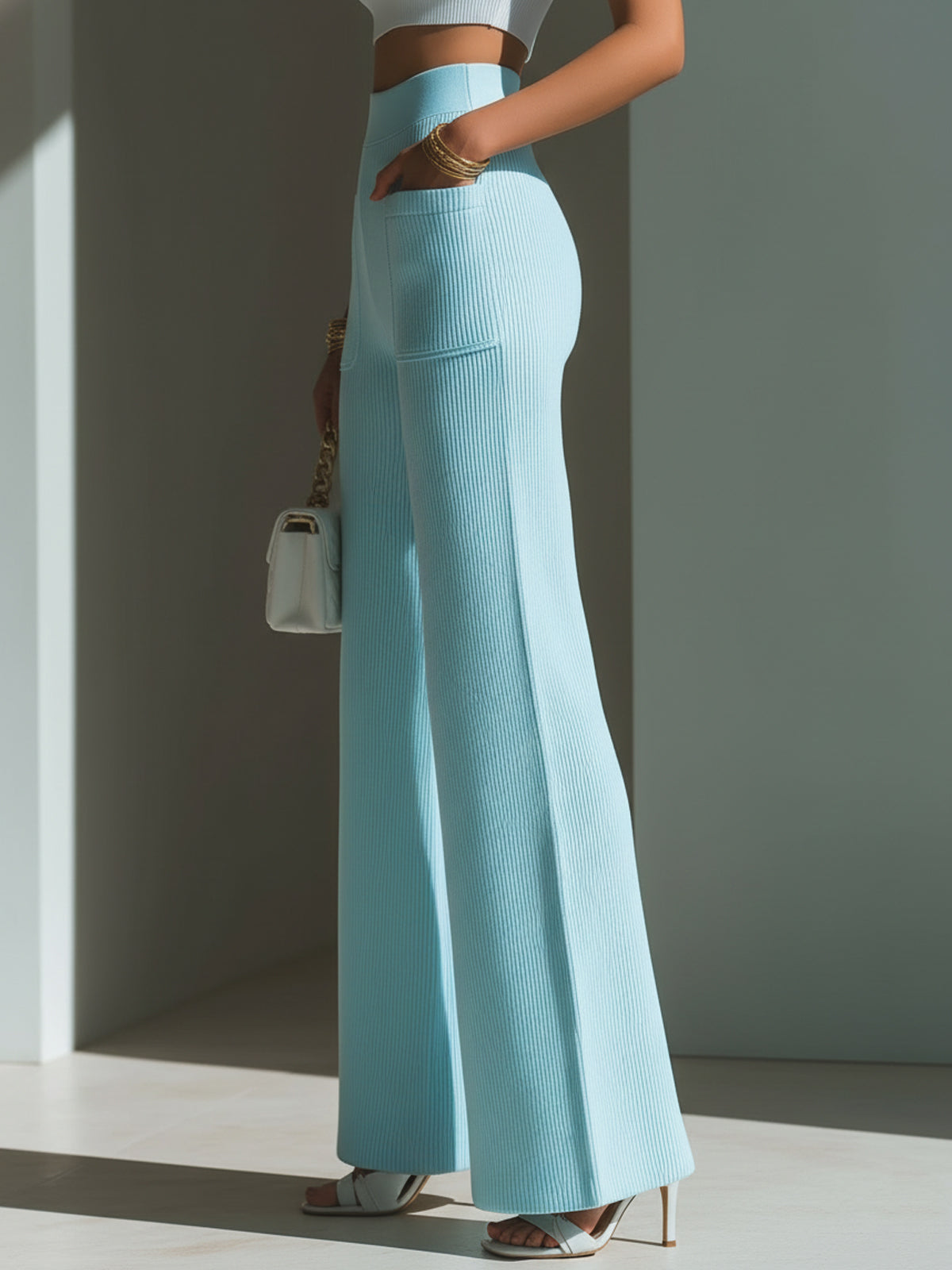 ElevenOra Chic Elegant Baby Blue High Waist Patch Pocket Details Ribbed Knit Wide-Leg Pants