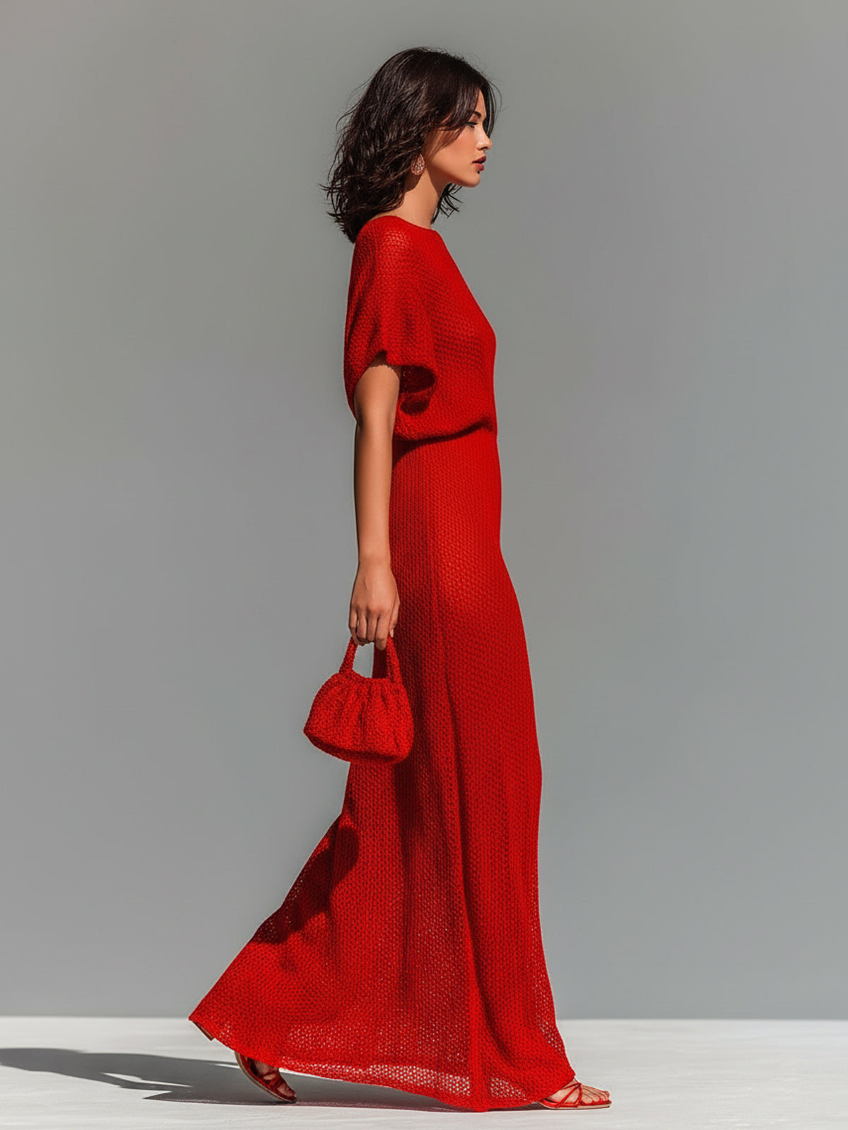 ElevenOra Chic Elegant Red Boat Neck Short-Sleeve Loose-Fit Breathable Knit Maxi Dress