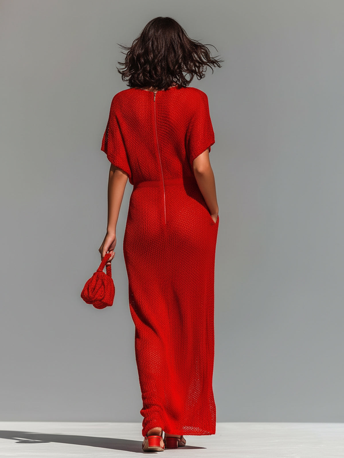 ElevenOra Chic Elegant Red Boat Neck Short-Sleeve Loose-Fit Breathable Knit Maxi Dress