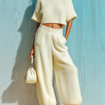 ElevenOra Chic Cream White Round Neck Short-Sleeve Oversized Cropped Sweater Elastic Waist Lantern Pants Fuzzy Knit Two-Piece Set