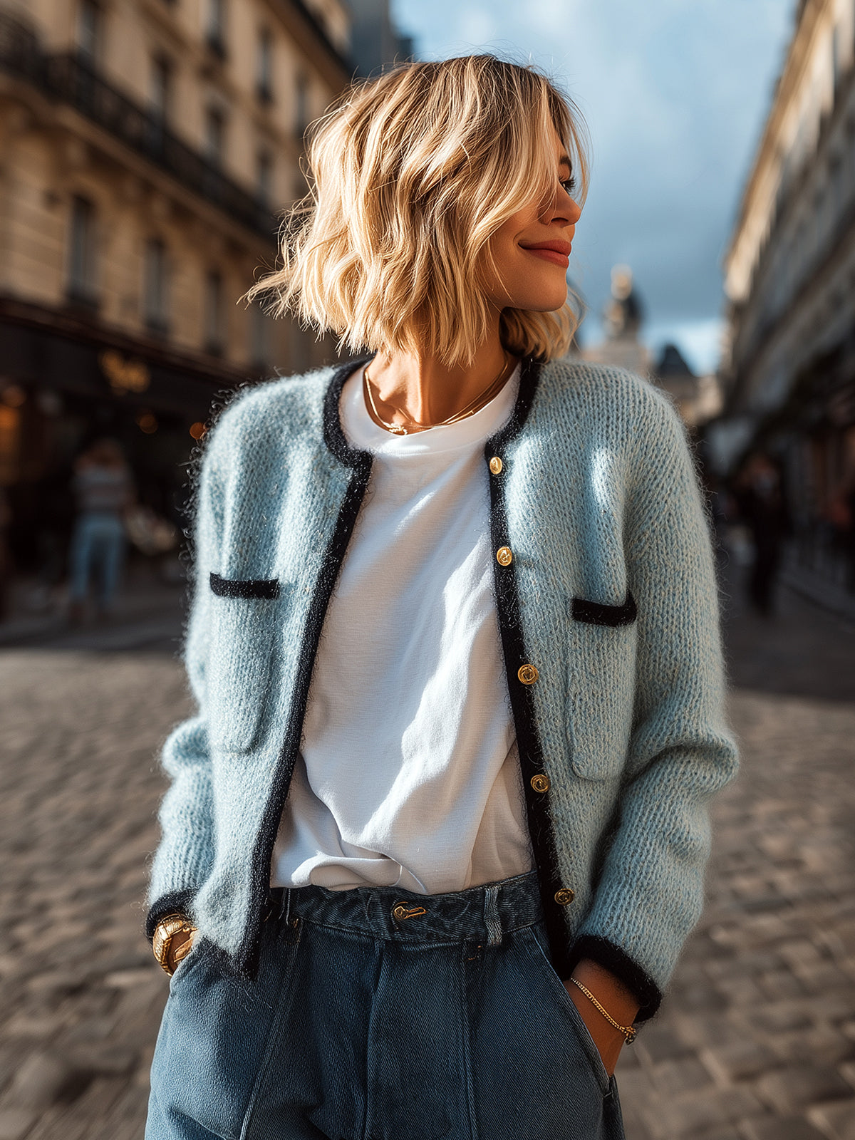 ElevenOra Chic Elegant Light Blue With Black Contrast Trim Gold Button Patch Pocket Cropped Knit Cardigan