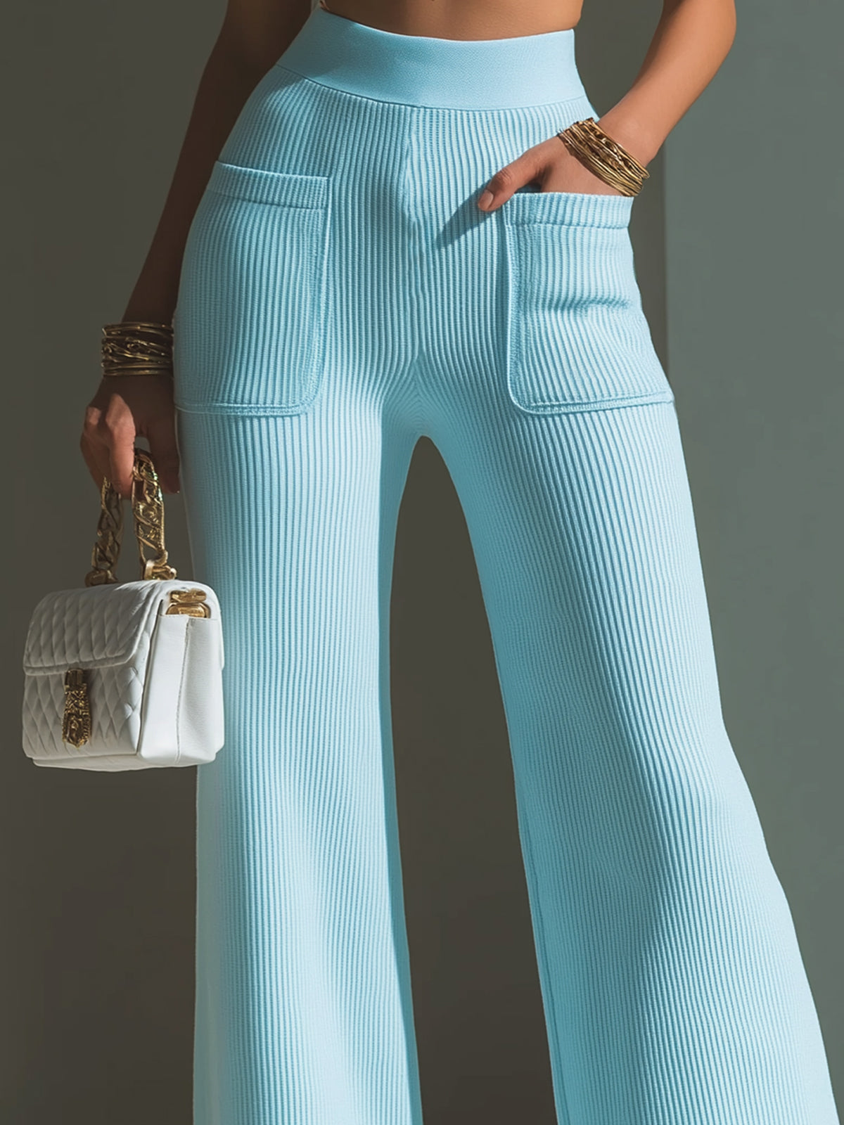 ElevenOra Chic Elegant Baby Blue High Waist Patch Pocket Details Ribbed Knit Wide-Leg Pants