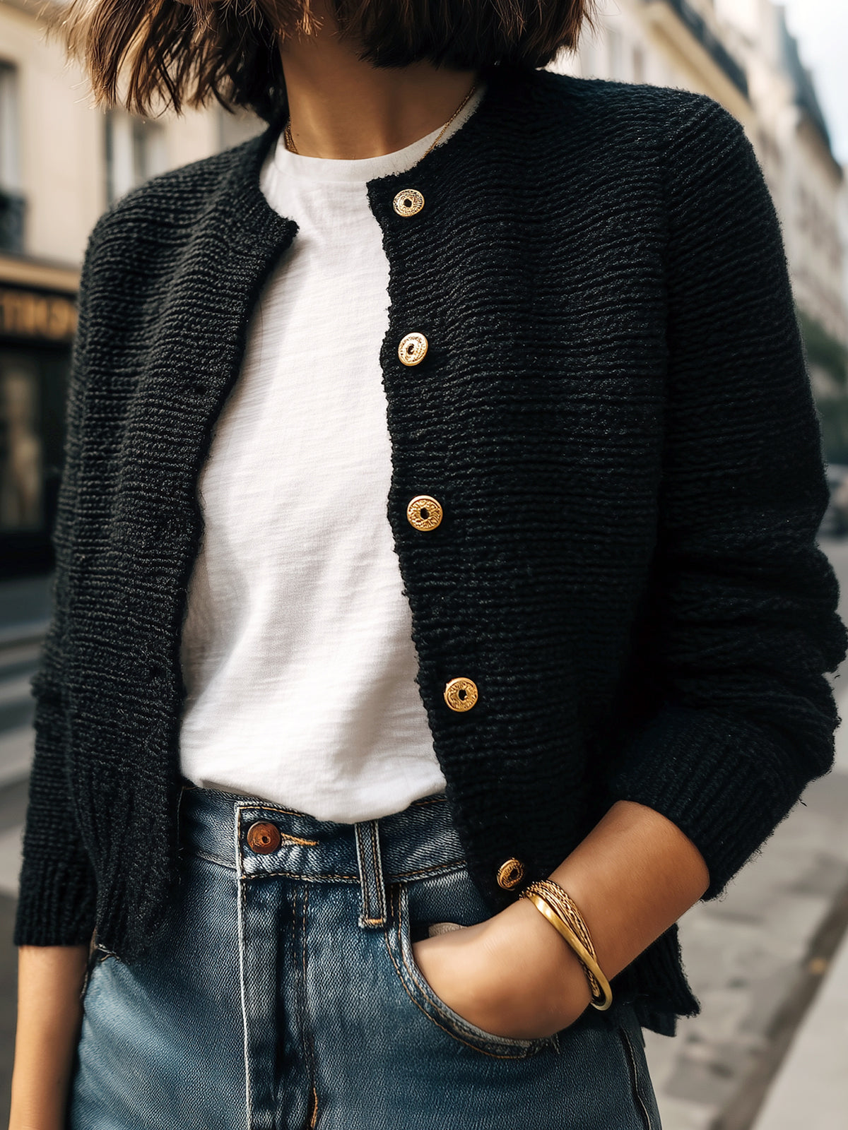 ElevenOra Chic Basic Black Crew Neck Gold Button Cropped Knit Cardigan