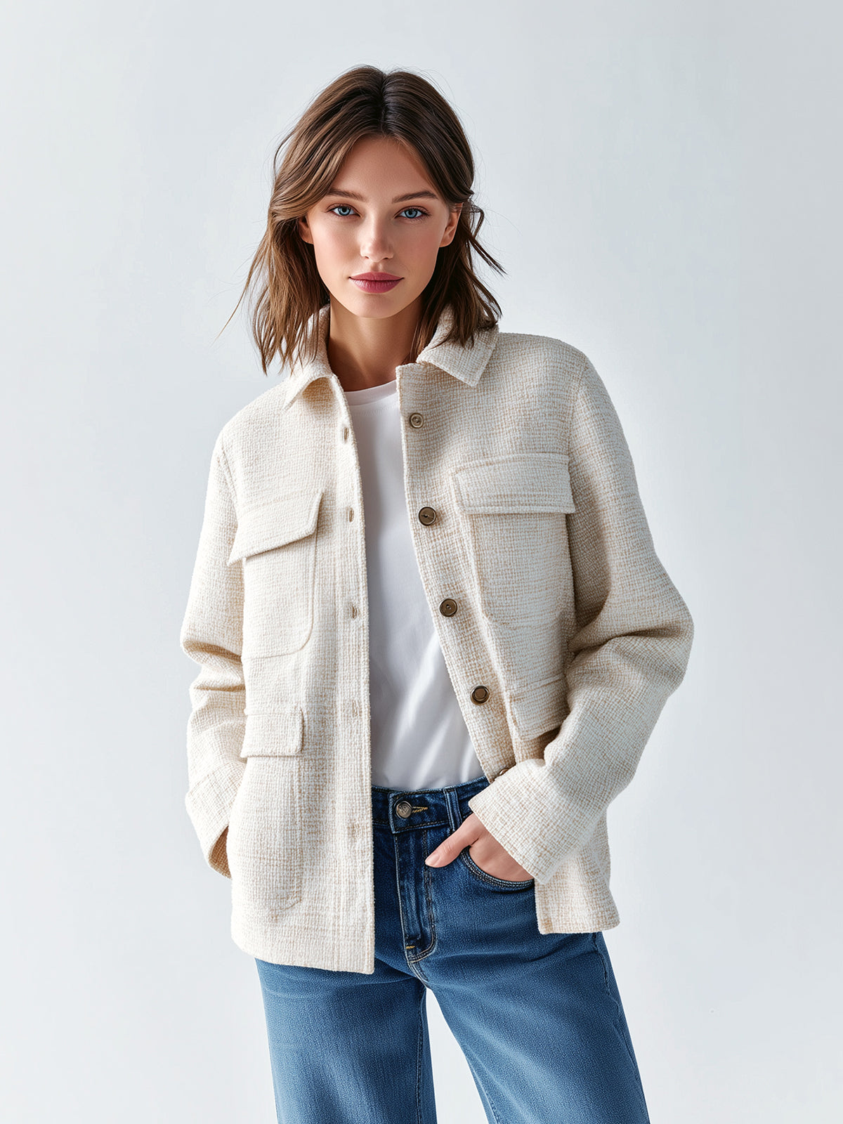 ElevenOra Chic Vintage Cream White Tweed Lapel Single-breasted Multi-pocket Fitted Jacket