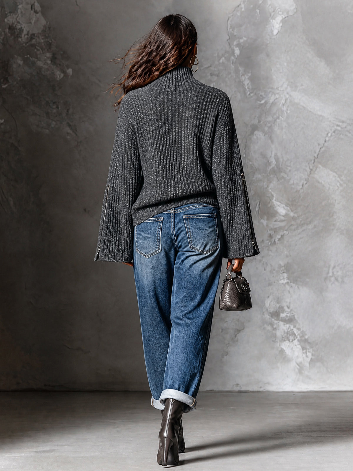 ElevenOra Chic Elegant Gray Turtleneck Long-Flare-Sleeve Decorative Zippers Loose-Fit Wool Blend Ribbed Knit Sweater