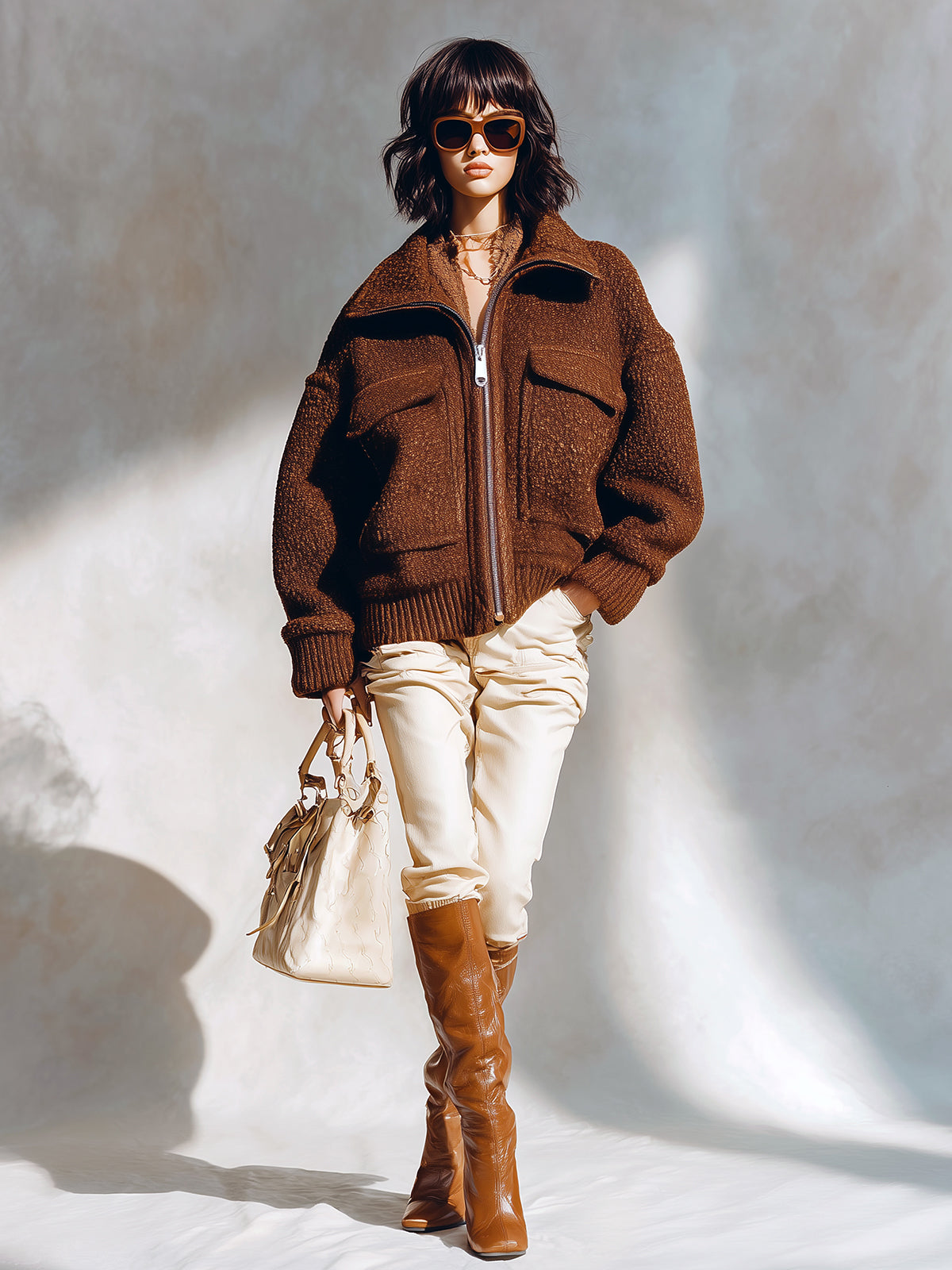 ElevenOra Chic Vintage Dark Brown Wool Blend Lapel Zip-Up Multi-Pocket Slouchy Short Jacket