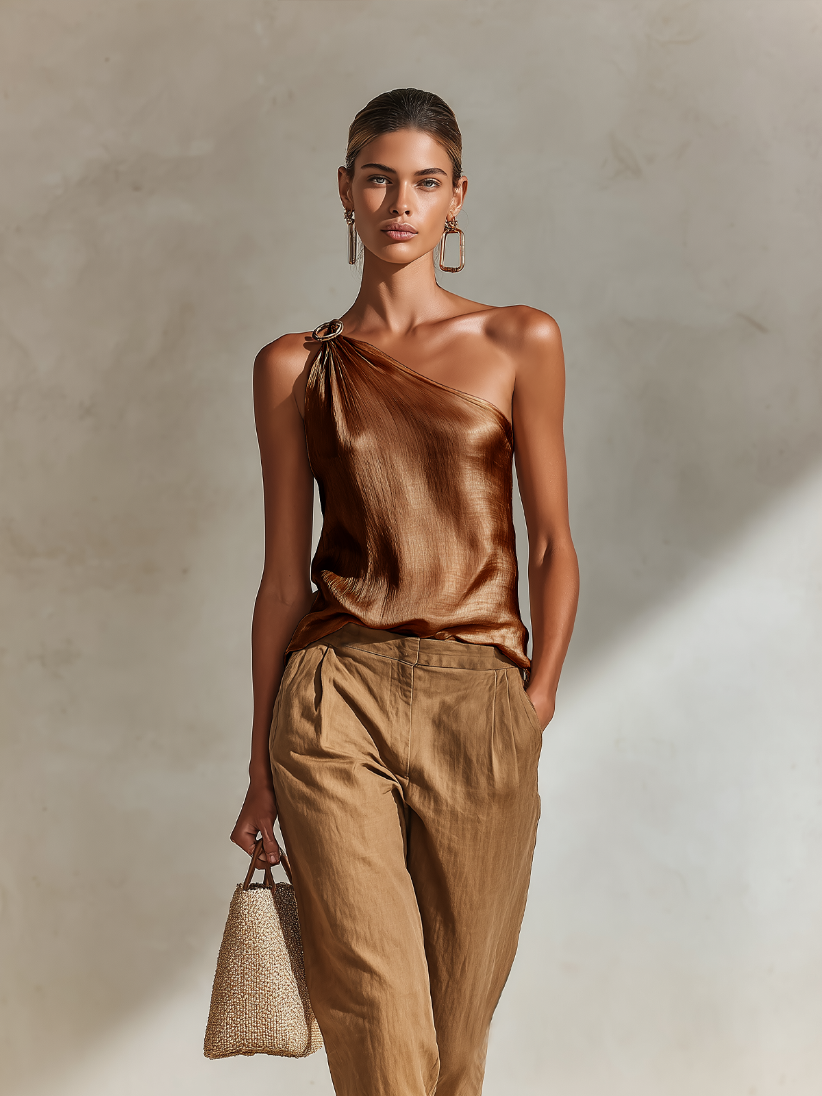 ElevenOra Chic Elegant One-Shoulder Metal Ring Detail Sleeveless Loose-Fit Satin Vest