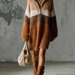 ElevenOra Chic Casual Earth‑Tone Colorblock Lapel Collar Half‑Zip Dropped Shoulder Long-Sleeve Loose-Fit Fuzzy Knit Mini Dress