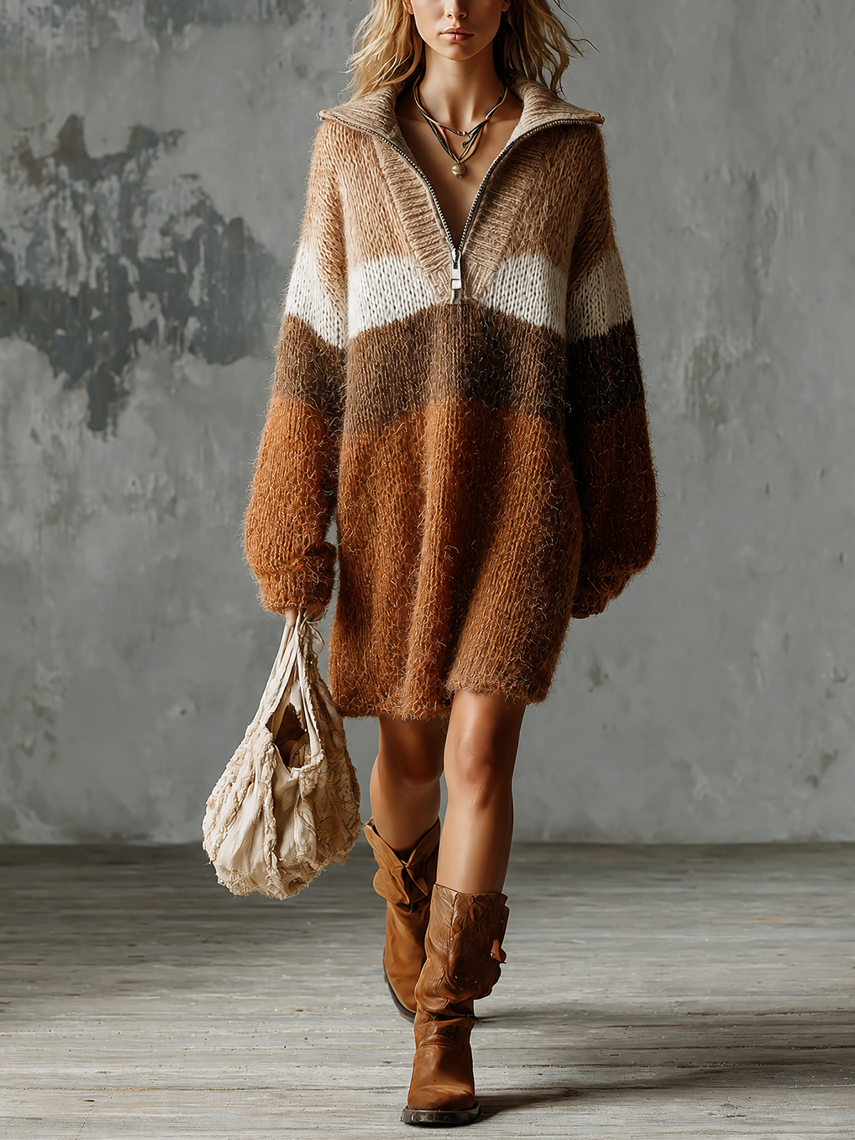 ElevenOra Chic Casual Earth‑Tone Colorblock Lapel Collar Half‑Zip Dropped Shoulder Long-Sleeve Loose-Fit Fuzzy Knit Mini Dress