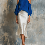 ElevenOra Chic Elegant Royal Blue Halter Crew-Neck Cold-Shoulder Balloon Sleeves Loose-Fit Knit Sweater White Satin Fabric Midi Skirt Two-Piece Set
