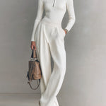 ElevenOra Chic Elegant Zip-up Mock Neck Slim-Fit Sweater Elastic Waist Wide-Leg Pants Knit Two-Piece Set