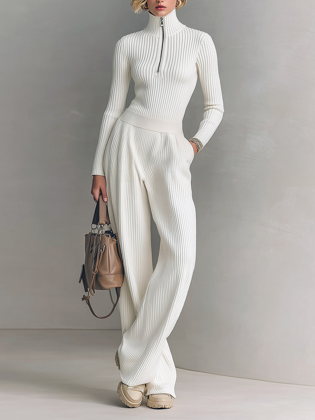 ElevenOra Chic Elegant Zip-up Mock Neck Slim-Fit Sweater Elastic Waist Wide-Leg Pants Knit Two-Piece Set