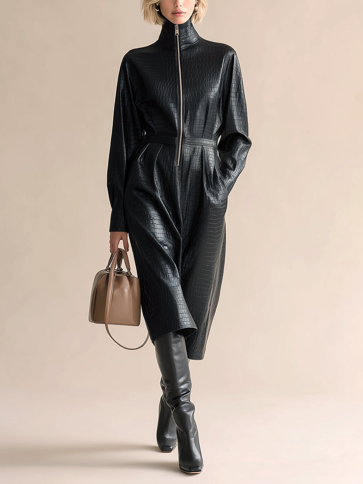 ElevenOra Chic Vintage Black Crocodile-Patterned PU Stand Collar Zipper-Front Long Sleeve Tailored Waist Midi Dress
