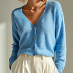 ElevenOra Casual Basic Blue Deep V-Neck Single-Breasted Slouchy Knit Cardigan