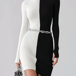 ElevenOra Stylish Color Block High Collar Belted Slim Fit Knitted Bodycon Mini Dress