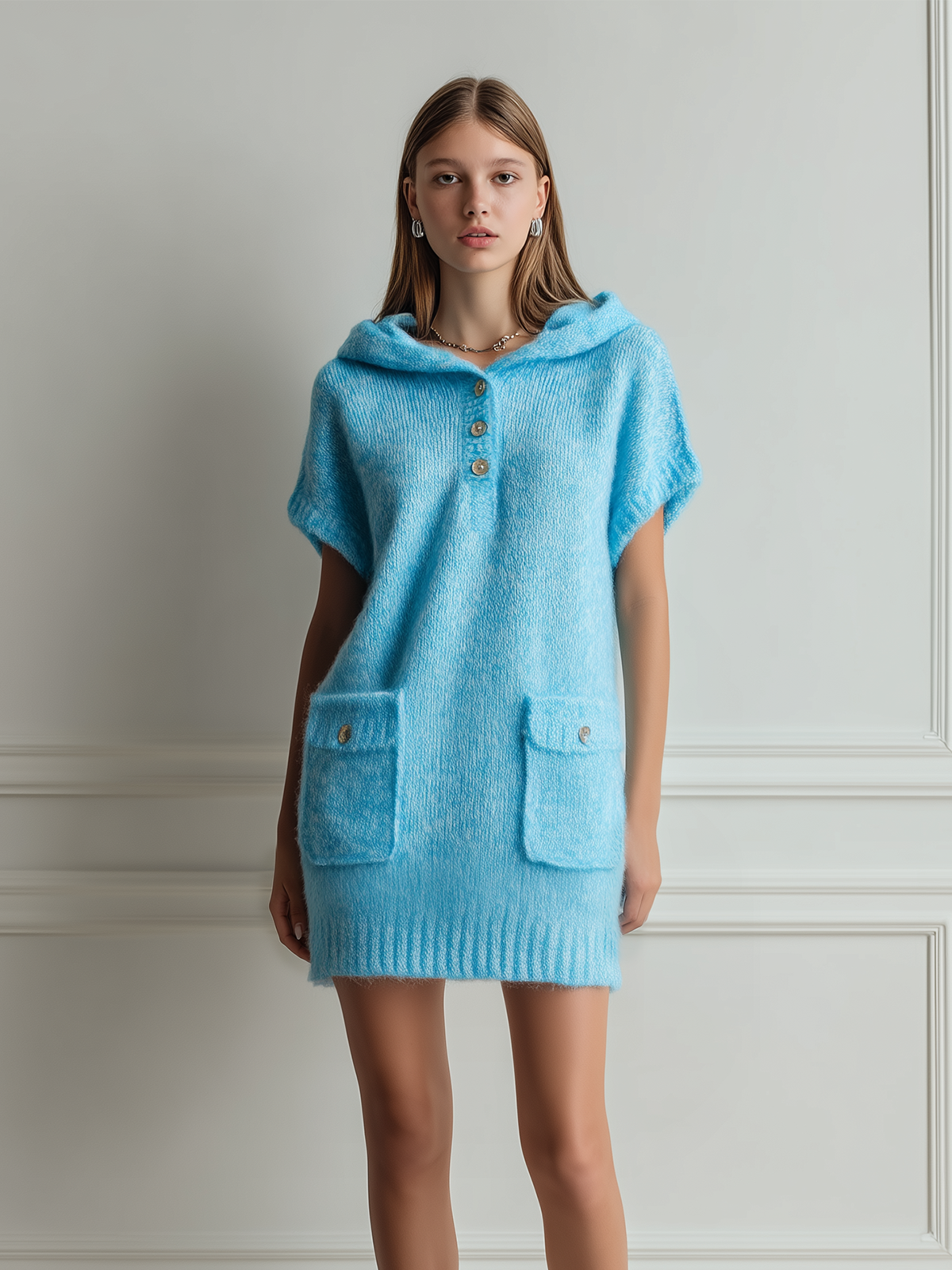 ElevenOra Chic Casual Blue Hooded Botton Oversized Short Sleeve Patch Pocket Knit Mini Dress