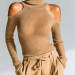 ElevenOra Chic Casual Camel Turtleneck Cutout-Shoulder Long-Sleeve Slim-Fit Knit Top
