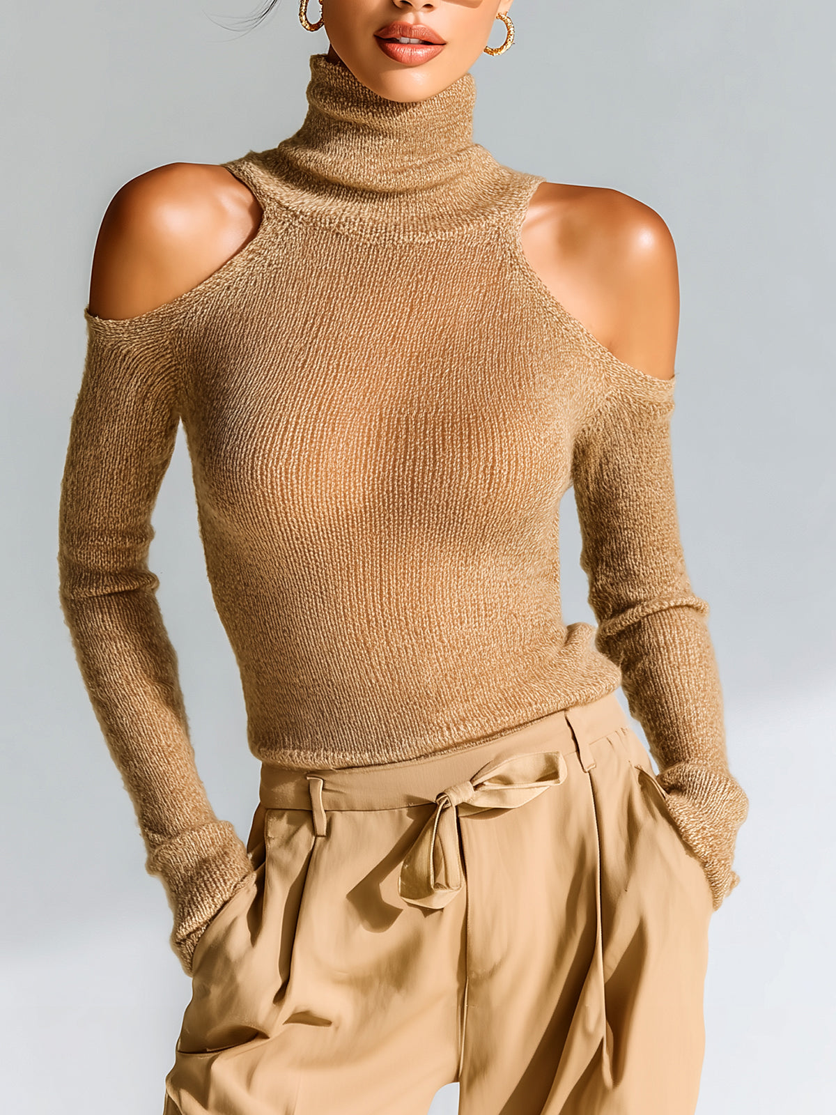 ElevenOra Chic Casual Camel Turtleneck Cutout-Shoulder Long-Sleeve Slim-Fit Knit Top