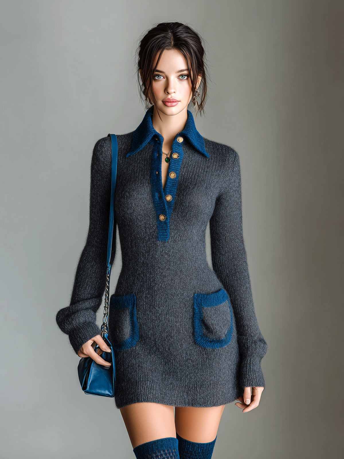 ElevenOra Chic Vintage Dark Gray Button-Up Lapel Patch Pocket Long-Sleeve Slim-Fit Knit Mini Dress