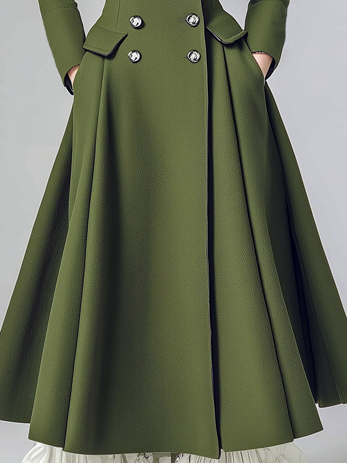 ElevenOra Vintage Green Wool Blend Notch Lapel Double-Breasted Tailored Waist Flared Hem Long Coat