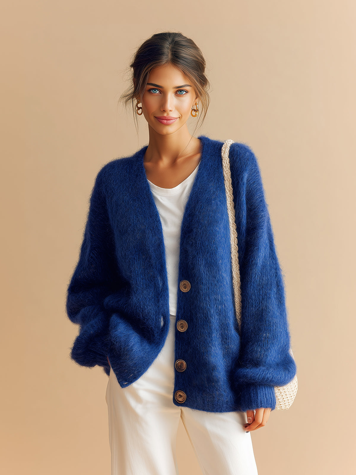 ElevenOra Chic Casual Royal Blue V-Neck Single-Breasted Long Sleeve Loose-Fit Fuzzy Knit Cardigan