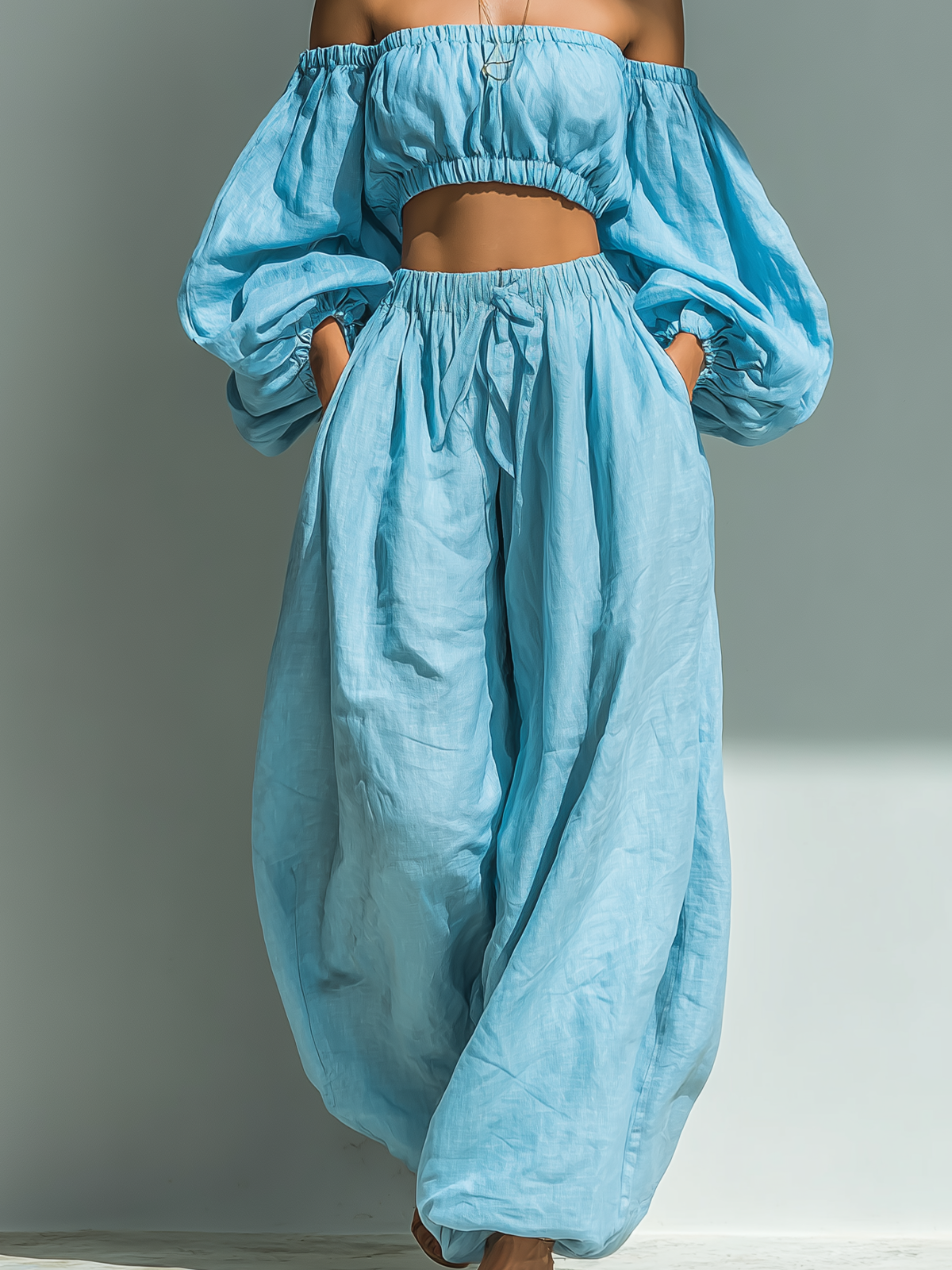 ElevenOra Stylish Elegant Light Blue Cooton Blend Off-Shoulder Long-Sleeved Cropped Top Loose-Fitting Tapered Pants Two-Piece Set