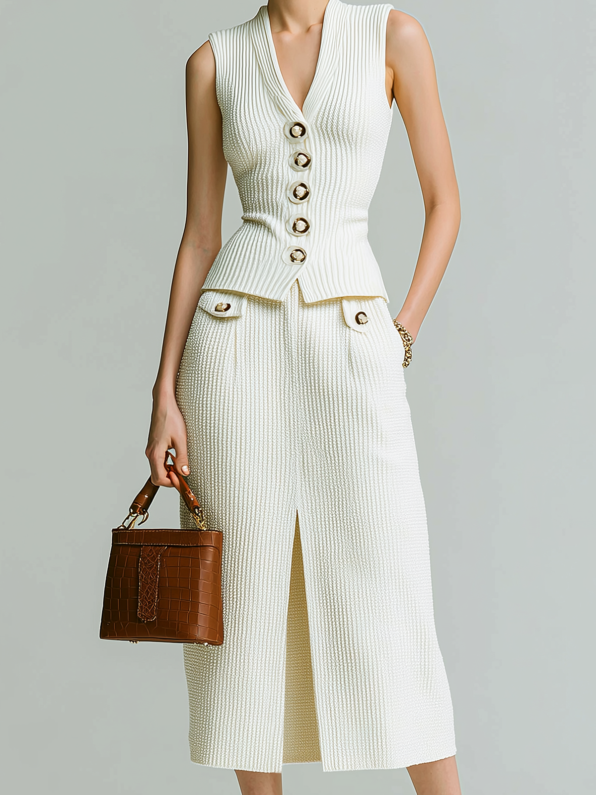 ElevenOra Stylish  Elegant Beige Deep V-neck Button-up Slim-fit Ribbed Vest Paired With A Front-slit Knit Midi Dress Two-piece Set