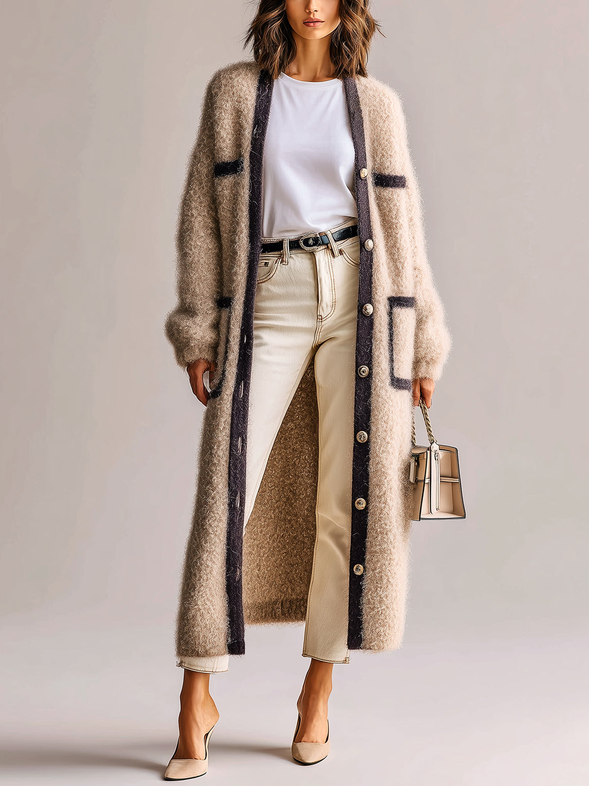 ElevenOra Chic Vintage Light Khaki Single-Breasted Long Sleeve Patch Pocket Contrast Trim Fuzzy Knit Long Cardigan