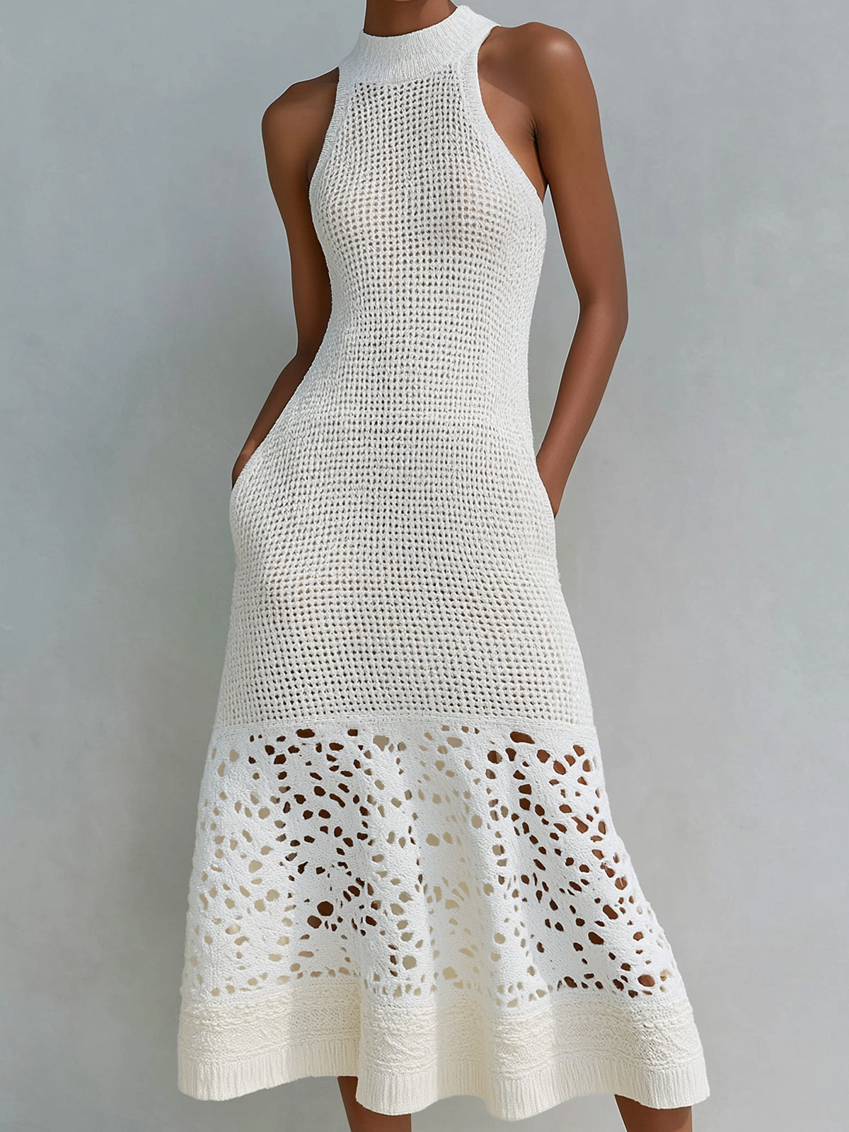 ElevenOra Chic Elegant Cream White Mock Neck Sleeveless Tailored Waist Lace Patchwork A-Line Mesh Knit Midi Dress