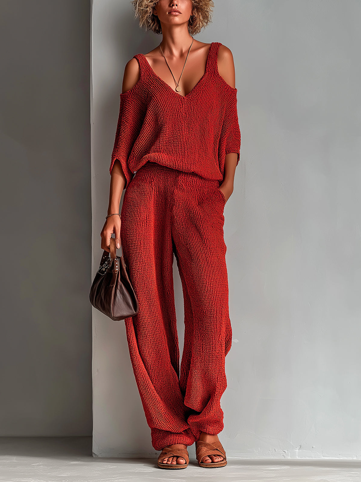 ElevenOra Chic Elegant Red V-Neck Half-Sleeve Cutout Details Loose-Fit Sweater Wide-Leg Pants Knit Two-Piece Set