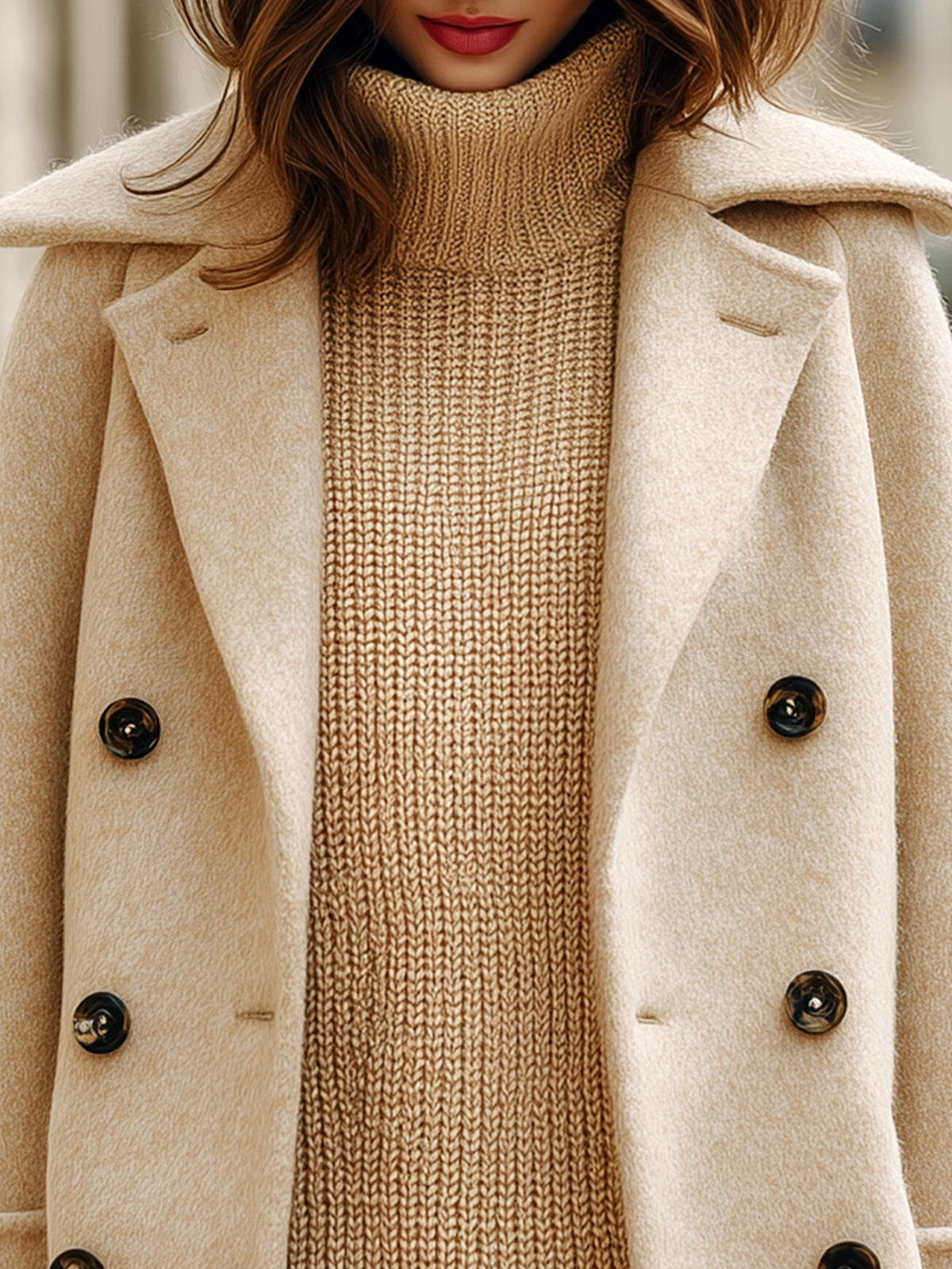ElevenOra Vintage Fashion Wool Blended Flat Lapel Double-breasted H-shaped Warm Mid-length Coat
