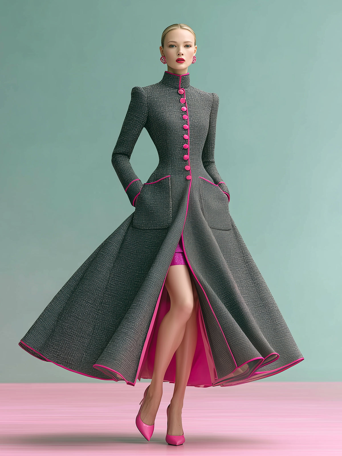 ElevenOra Vintage Elegant Wool Blend Stand Collar Single-breasted Contrast Trim Tailored Waist Maxi Dress Coat