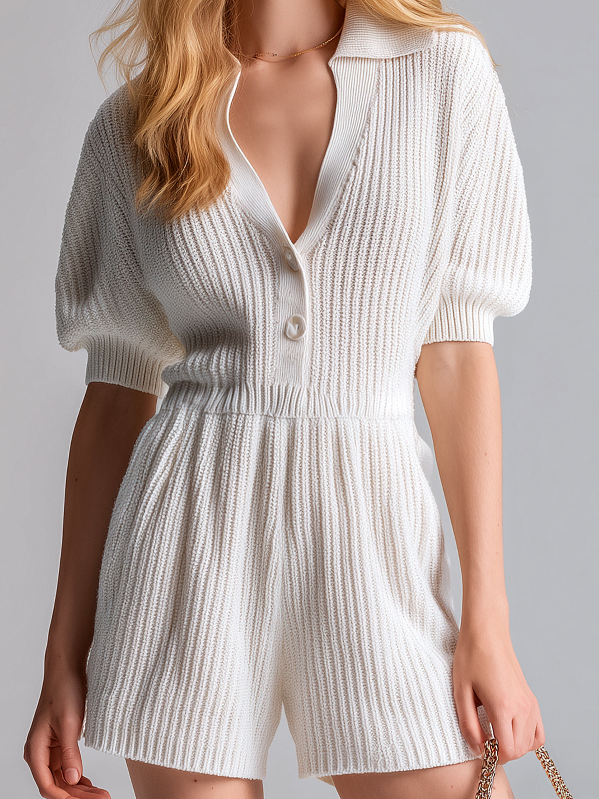 ElevenOra Chic Casual Cream White Button-Up Lapel Short-Sleeve Elastic Waist Ribbed Knit Romper