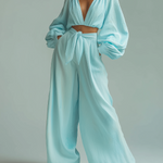 ElevenOra Stylish And Elegant Mint Green V-Neck Long-Sleeved Loose-Fitting Top And Wide-Leg Pants Chiffon Two-Piece Set