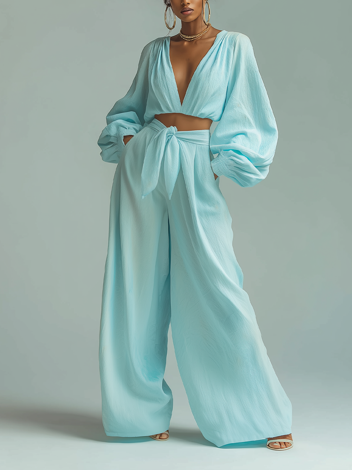 ElevenOra Stylish And Elegant Mint Green V-Neck Long-Sleeved Loose-Fitting Top And Wide-Leg Pants Chiffon Two-Piece Set