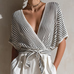 ElevenOra Chic Elegant Black-White Pinstripe Cross V-Neck Short-Sleeve Tie Waist Loose Fit Knit Sweater Top