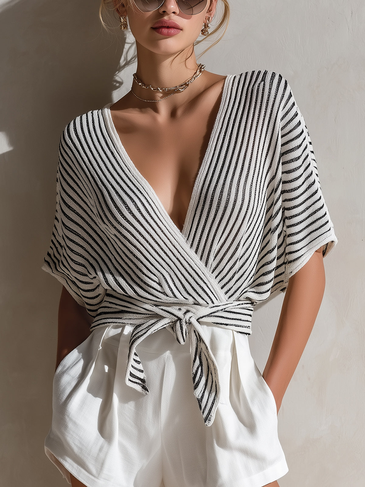 ElevenOra Chic Elegant Black-White Pinstripe Cross V-Neck Short-Sleeve Tie Waist Loose Fit Knit Sweater Top