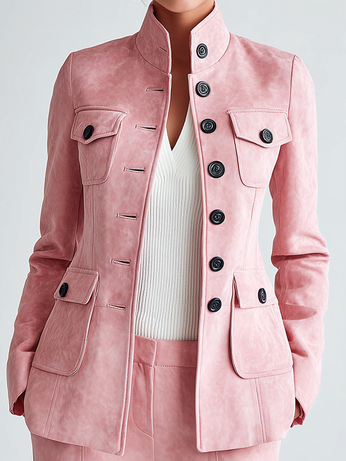 ElevenOra Sophisticated Office Pink Faux Suede Stand Collar Button-Front Multi-Pocket Slim-Fit Jacket